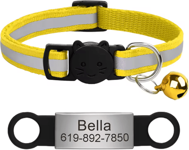 Inspire Picks Personalized Reflective Cat Collar With Engraved ID Nameplate & Bell yellow 88