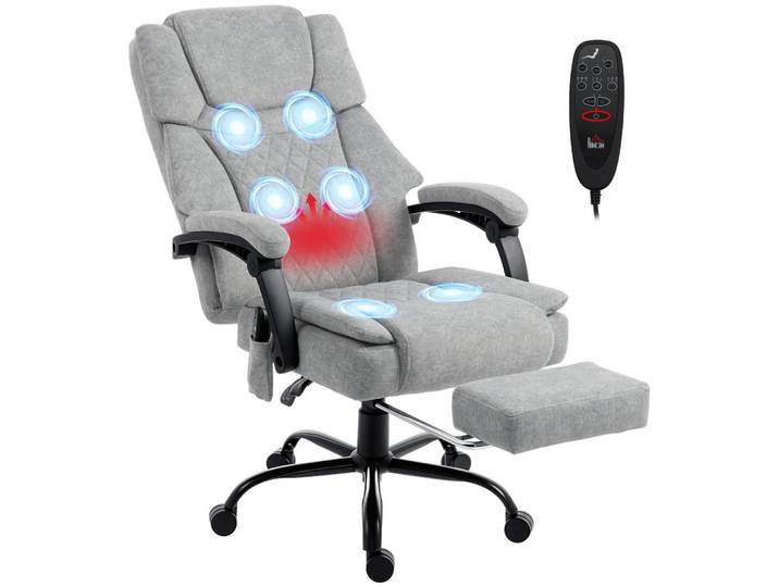 Drehstuhl Massage Hochlehner Vibration Wärme verstellbare Lehne Fußstütze Fernbedienung grau, Grau, 69.5x126x77.5 cm, Büromöbel, Bürostühle, Drehstühle
