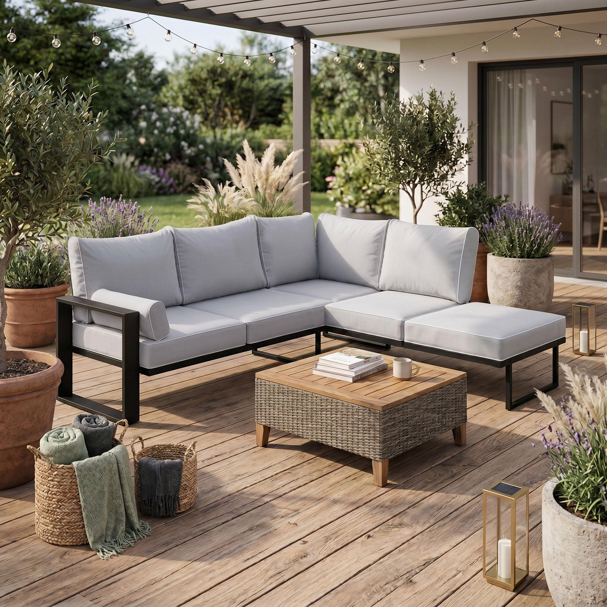 BEAUTYSOFA | VERDINO Gartenecke Grau 2R2 Offen - Garten Lounge Ecke wetterfest mit Metallrahmen, Outdoor Ecksofa, SIMAX 03