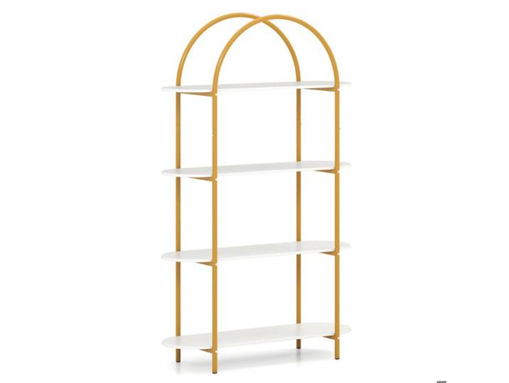 Bibliothèque Voûtée 4 Niveaux Style Industriel - Cadre Métal Robuste 2 Kits Anti-Bascule - Blanc et Doré