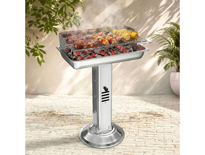 Barbecue au charbon en acier inoxydable, barbecue sur pied, barbecue en acier inoxydable avec grille chromée, pour barbecue, plage, camping