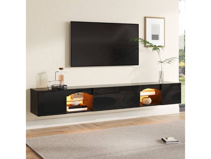 Meuble TV Suspendu Noir 200×30×28 cm 4 Portes 2 Compartiments Ouverts Étagères en Verre Éclairage LED Contrôle App Lowboard TV
