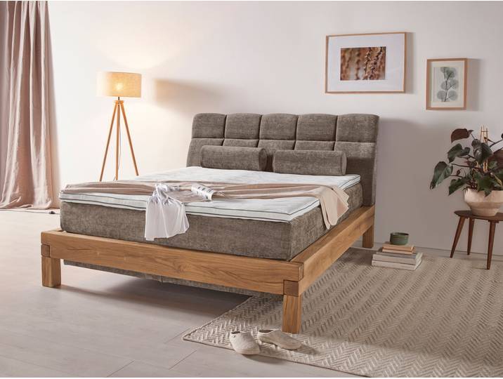 Boxspringbett, Massivholz, Grün, 160×200 cm, 7-Zonen-Taschenfederkern, Klassisch, Home Affaire