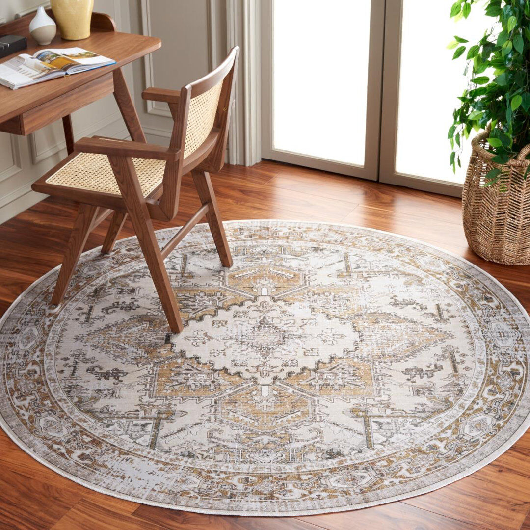 Latitude Vive Carrew Machine Washable Non-Slip Area Rug in Beige & Gold Gold;Beige Round 183cm