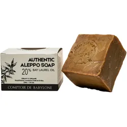 Original Aleppo-Seife - 20% Lorbeeröl, 100% Natur & vegan - Handgemacht in Syrien - Feuchtigkeitsspendend, antibakteriell, 200g