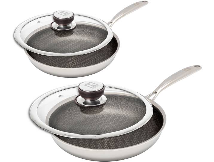 Pfannen-Set HENSSLERS HENSSLERS Bratpfannen-Set, Ø 24 und 28 cm, inkl. Deckel , silber (silberfarben), B:29cm H:9cm L:50cm Ø:28cm, Pfannen, mit Wabenstruktur