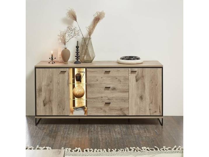 Lomadox Sideboard Anrichte inkl. Beleuchtung, 180cm breit, Eiche mit Hirnholzmosaik, 2 Türen, 3 Schubladen, 3 offene Fächer