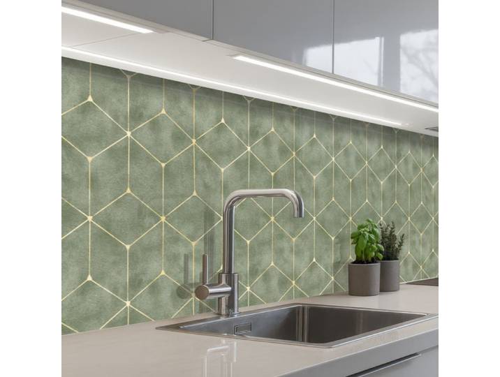 Crédence Décorative de Cuisine - Décoration Murale - Motif Subtil - Géométrique - Or - Vert 300x60 cm - KitchenYeah