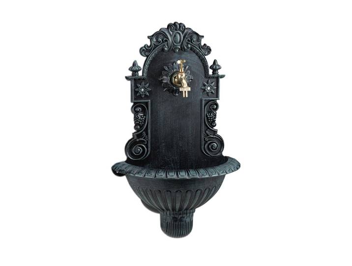 Relaxdays Wandbrunnen Dunkelgrün Gold Aluminium mit Wasserhahn Becken 61,5 cm, Metall, 37.5x61.5x20 cm, Dekoration, Gartendeko