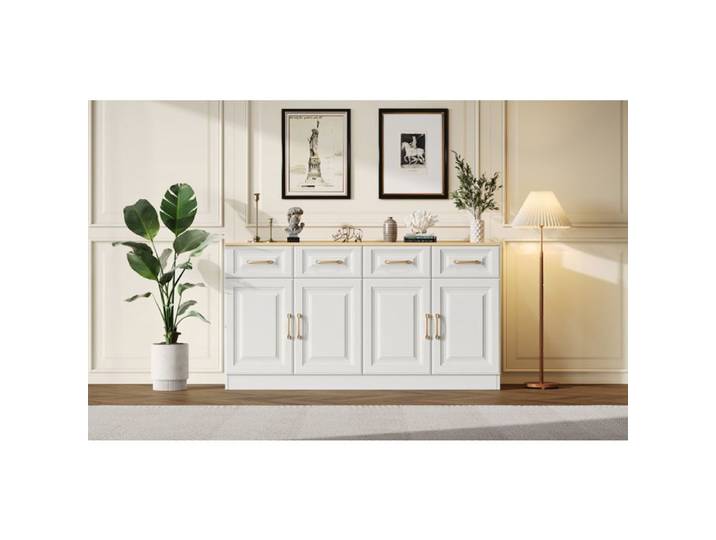 ROVRYN Buffet bas 140 cm 4 tiroirs 4 portes style campagne panneaux de particules blanc et décor chêne