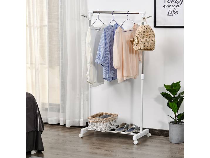 HOMCOM Portant Vêtements Acier avec Support Chaussures Argent Blanc