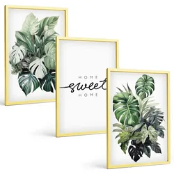 BILDER SET 3er Set - 40x60 cm Goldrahmen - Pflanzen mit der Aufschrift „Sweet Home“