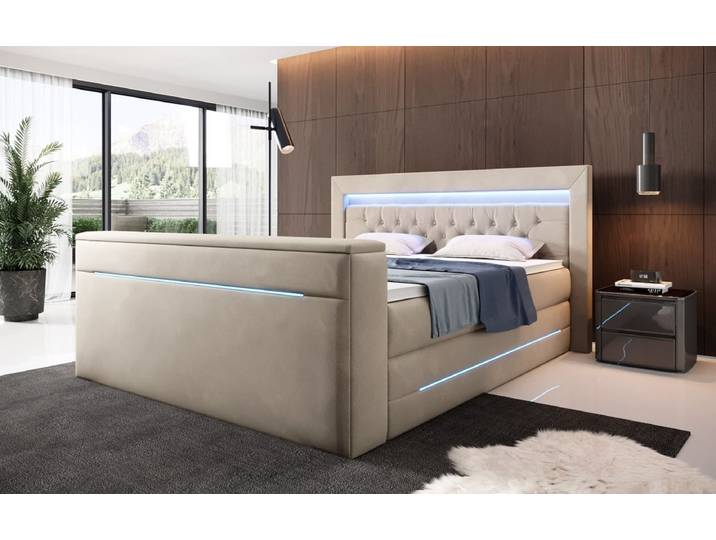 Boxspringbett Pluto mit TV Lift, RGB und Stauraum - 140x200 - Schwarz - H4 (100kg+) - Luxusbetten24