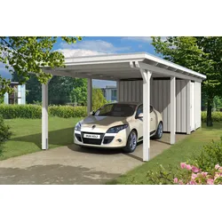 Carport Emsland 354x846cm mit Abstellraum, weiß, 20mm Dachschalung mit EPDM Folie Holzcarport