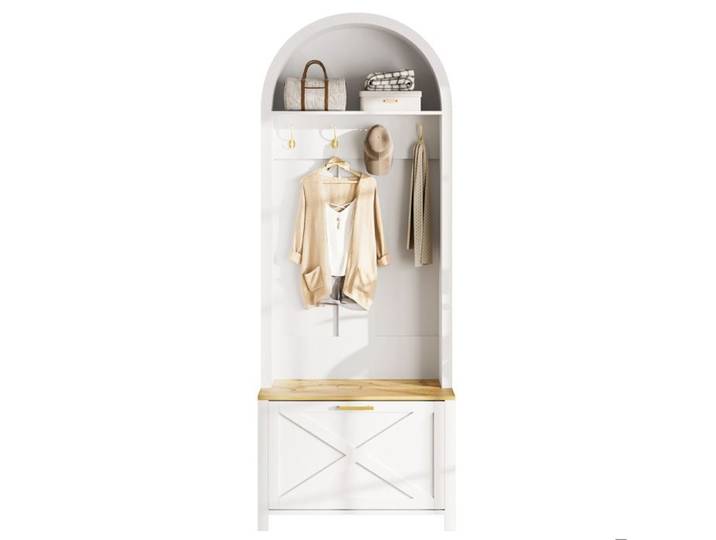 Vestiaire Multifonctionnel Entrée : Banc Intégré Range-Chaussures & Crochets Aluminium – Garderobe MDF Blanc Bois 75x35x195 cm