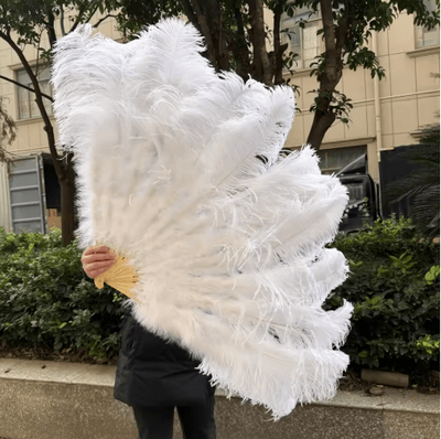 Inspire Picks Luxury Ostrich Feather Folding Fan Large Burlesque Dance & Stage Performance Fan (100130cm) white 130cm 2pcs