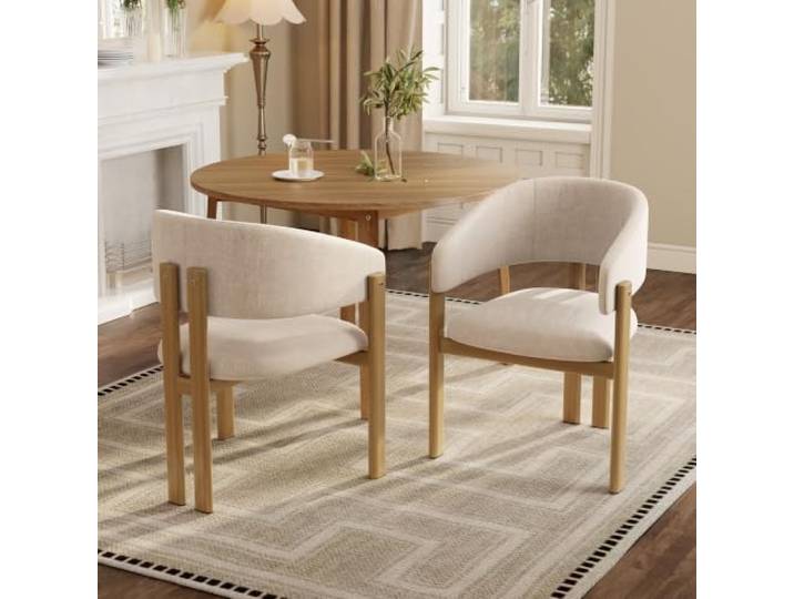 DUlVBPE 2 Esszimmerstühle aus Metall in Holzoptik, bequem und atmungsaktiv, geeignet für Esszimmer, Wohnzimmer, Cafés, moderner Stil, Leinenstoff, Naturholzfarbe