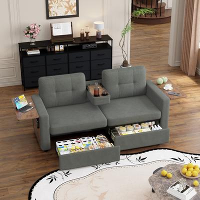 Abrihome "70.08"" Chenille 2-Seater Sofa with Side Tables and Pull-out Drawers"