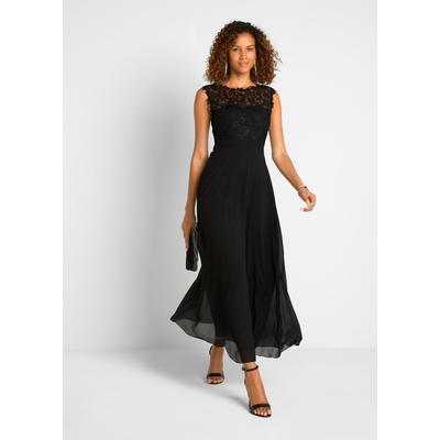 Maxikleid BONPRIX "Maxikleid mit Spitze", Damen, Gr. 42, N-Gr, ohne Ärmel, Spitze, schwarz (schwarz (länge: regulär)), Spitze, Obermaterial: 100% Polyester. Futter: 100% Polyester. Spitze: 100% Polyester, unifarben, festlich, tailliert knöchellang,...