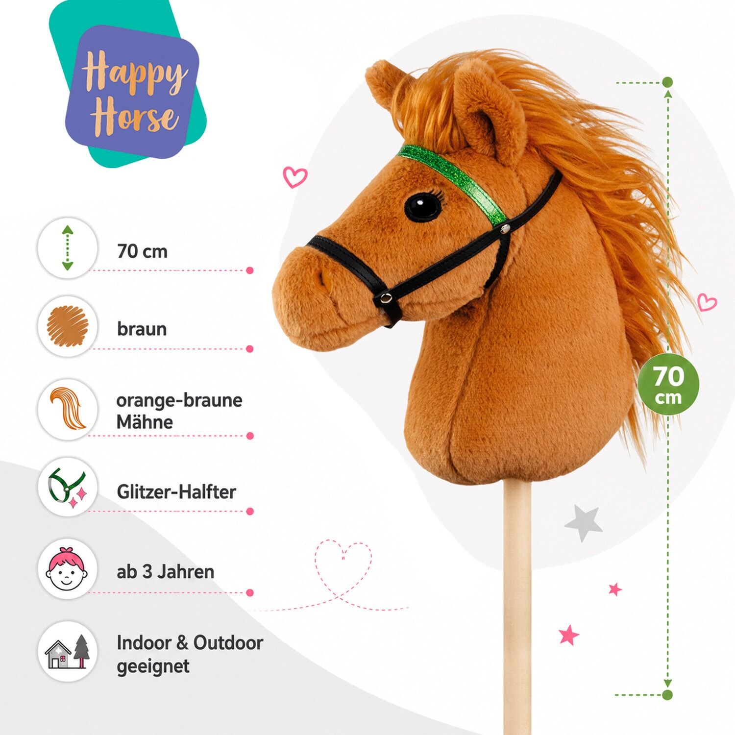 Steckenpferd LENA "Steckenpferd Hobby Horsing, 70cm", rot (rotbraun), Steckenpferde, KinderL:70cm, Holz, Polyester, L:70cm