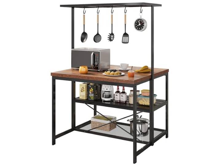 Garvee Multifunktionales Küchenregal mit 3 Ebenen & Metallrahmen – 42'' Kücheninsel mit Ablage, Mikrowellenständer, 5 Haken – Ideal als Küchenregal, Kaffeebar oder Essenztisch für kleine Küchen &
