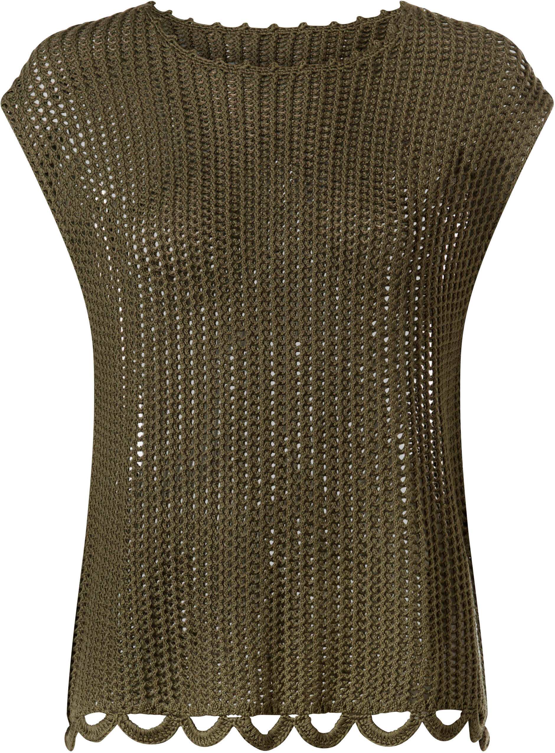 Strickpullover HEINE "Pullover Ajourpullover mit Wellenkante", Damen, Gr. 50, khaki, Grobstrick, , Modisch, Rundhals, Pullover Strickpullover