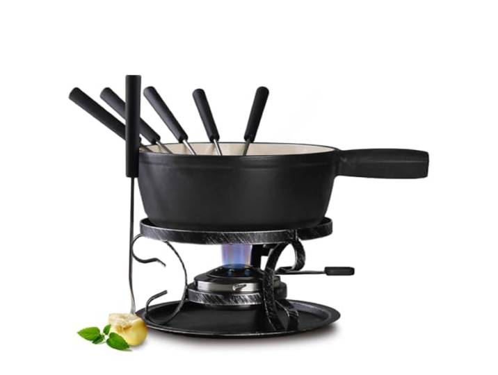 Artestia Käsefondue-Set aus Gusseisen, traditionelles Schweizer Gusseisen-Fondue-Set für Käse, Fleisch und Schokolade (schwarz matt)