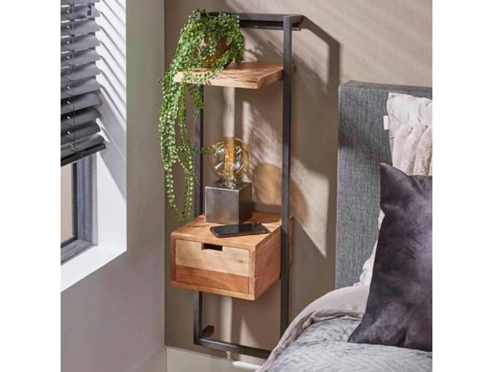 RINGO Living Massivholz Nachttisch 2 Ablagen & Schublade 100cm, Akazie Stauraum Nachttisch Industrial Style, Vintage Used Look Holz Metall Echtholz