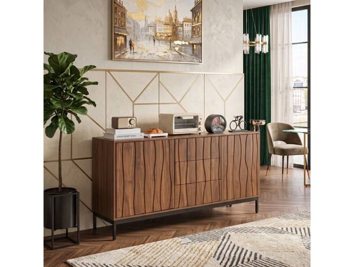 Buffet Enfilade 150x40x80 cm Grand Rangement Gain de Place 3 Tiroirs 2 Portes Motif Rainuré