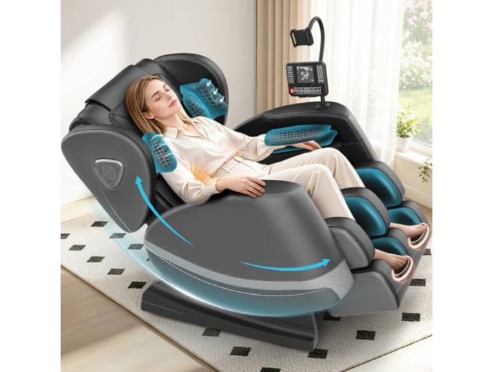 Ganzkörper Massagesessel mit Rollen & Airbags für Massage, Zero Gravity mit Bluetooth Lautsprecher und Touchscreen, Heizfunktion für Taille & Beine, mit Fußmassage für Hause/Büro (Dunkelgrau)