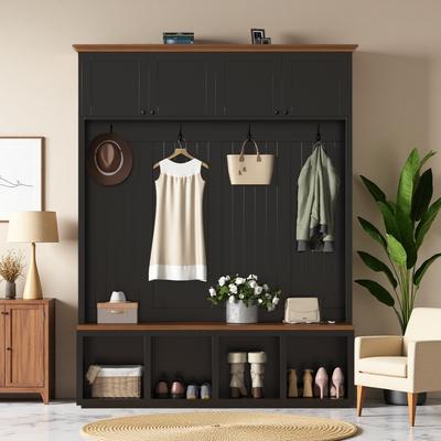 ZWYO HOSIMU "59""W 4-in-1 Farmhouse Hall Tree with Bench, Cabinets and 4 Durable Hooks for Hallway, Entryway, Living Room"