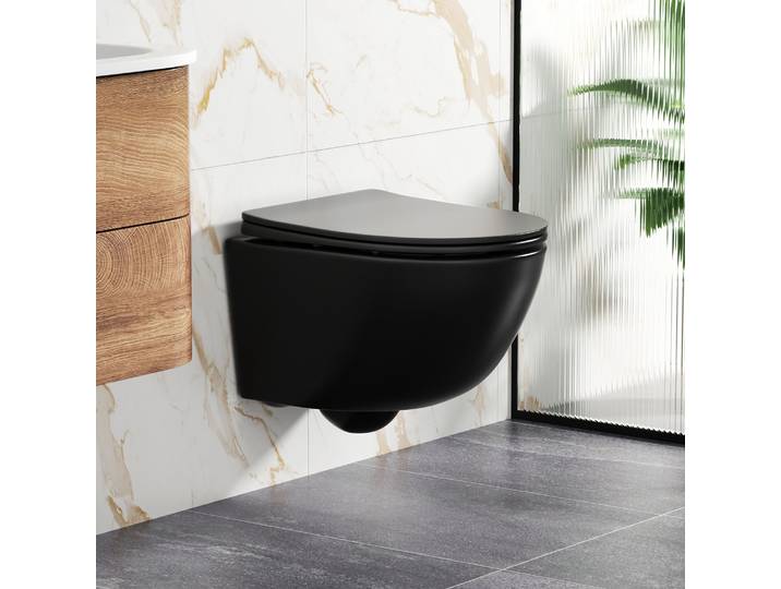 Décoration murale noire pour toilettes avec design à franges et rotation à 360° ° Double chasse d'eau à jet, siège à fermeture douce et chasse d'eau silencieuse