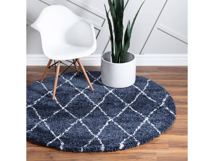 Hochflor-Teppich Temara Shag, LAGERRÄUMUNG , blau (marineblau, elfenbeinfarben), H:51mm Ø:152cm, Polypropylen (PP), MYFLAIR MÖBEL & ACCESSOIRES, Teppiche, Hochflor-Teppich, gewebt, Rauten Design, weich & kuschelig