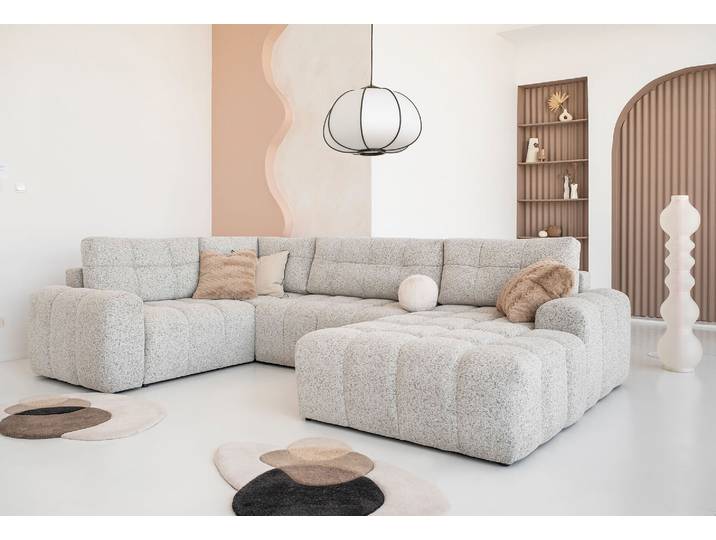 MIUFORM Lulu Canapé d'angle avec fonction lit et coffre de lit U-FORM GAUCHE - 333 x 213 cm - Sel et poivre - Canapé Canapé-lit Canapé modulable