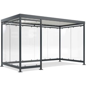 WSM Personenunterstand Köln K4 c/b, anthrazit, aus Metall, 3 Wände + Windfang aus Glas, 420 x 217cm (B/T), für 8 Personen