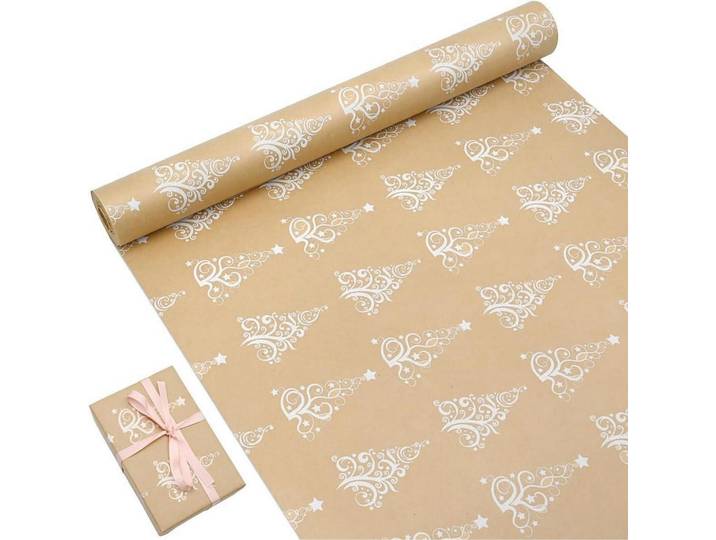 Geschenkpapier Rolle 15 m Kraftpapier bedruckt Baum und Stern, Beige, Papier, 43x0.1x1500 cm, Dekoration, Geschenkartikel, Geschenkbänder & Geschenkpapier