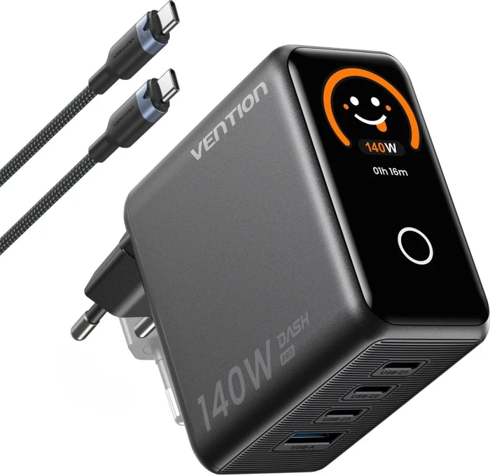 VVention 4-Port USB (C + C + C + A) GaN Charger (140 W/140 W/30 W/22.5 W) Foldable EU-Plug Dark Gray