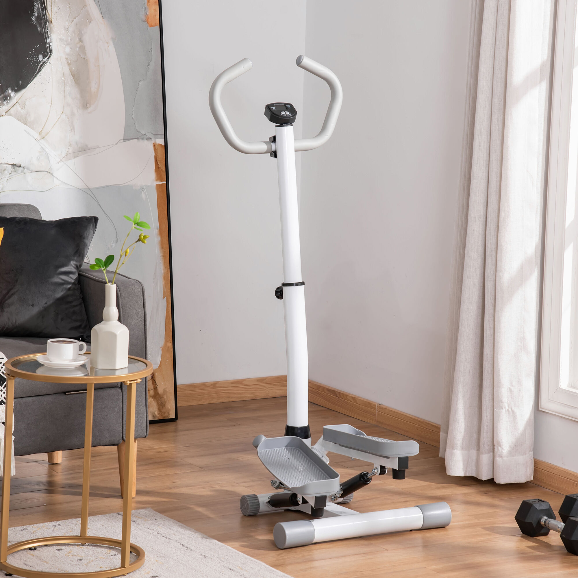 Altro Stepper Con Monitor Lcd, Manubrio Regolabile Ed Elastici, In Acciaio E Abs, Bianco E Grigio
