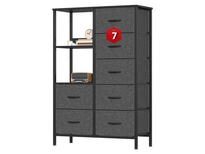 Commode Haute Rangement 7 Tiroirs en Tissu avec 2 Étagères Cadre Noir et Plateau Relief Pieds Réglables 80x30x116cm