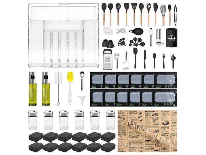 Küchenhelfer Set 72-teilig mit Aufbewahrung Box Organizer & Back Zubehör, Schwarz, Kunststoff, Küchenzubehör, Küchenhelfer, Küchenhelfer-Set