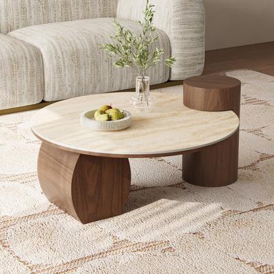 OSFEI "39"" Round Coffee Table, Travertine‑Look Sintered Stone Top & Walnut Veneer Base, Modern Organic Center Table"