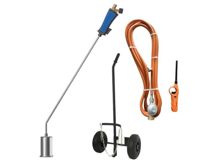KEMPER - Unkrautvernichter + Gasschlauch 5 m, Druckminderer, Propan, Gasanzünder & Rollwagen – Gasbrenner 60 mm, Beseitigung von Unkraut