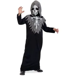 Fries Skelett Robe mit Kapuze und Maske, Größe 128 / 140