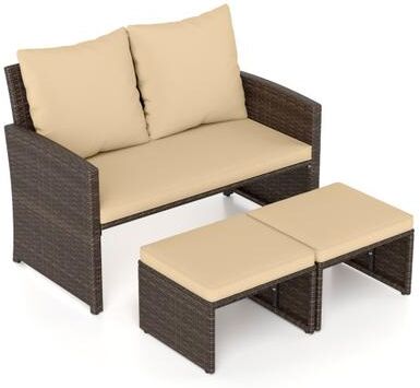 Costway 3 Pieces Outdoor Patio PE Wicker Furniture Set with Cushions-Beige