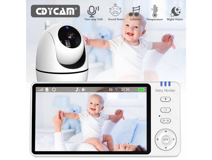 Moniteur vidéo pour bébé de 5 pouces, avec caméra, Zoom PTZ, Protection de sécurité, caméras de Surveillance, capteur de température, berceuse