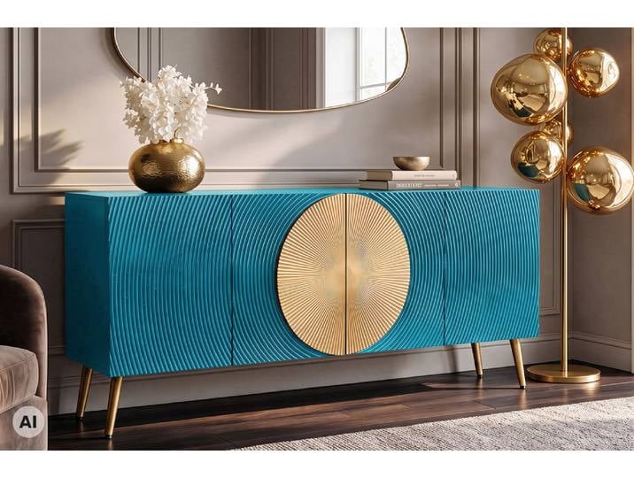 Massives Sideboard AURUM 180cm türkis Mangoholz mit ikonischem Gold-Element Modern & Design