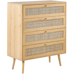 KOMMODE 4 Schubladen Rattan Helles Holz Perote
