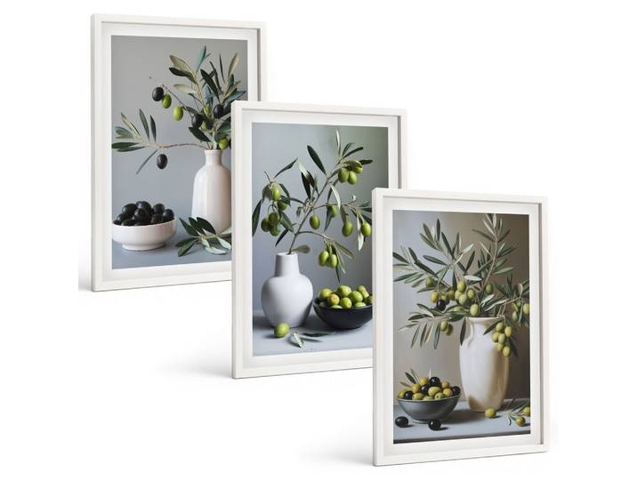 BILDER SET 3er Set - 40x60 cm Weißer Rahmen - Oliven in schlichten Vasen