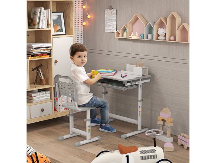 HOMCOM Bureau Enfant Réglable avec Chaise Inclinable Gris Blanc