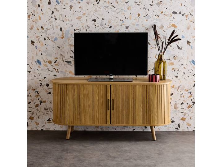 Meuble tv scandinave décor bois rainuré, naturel